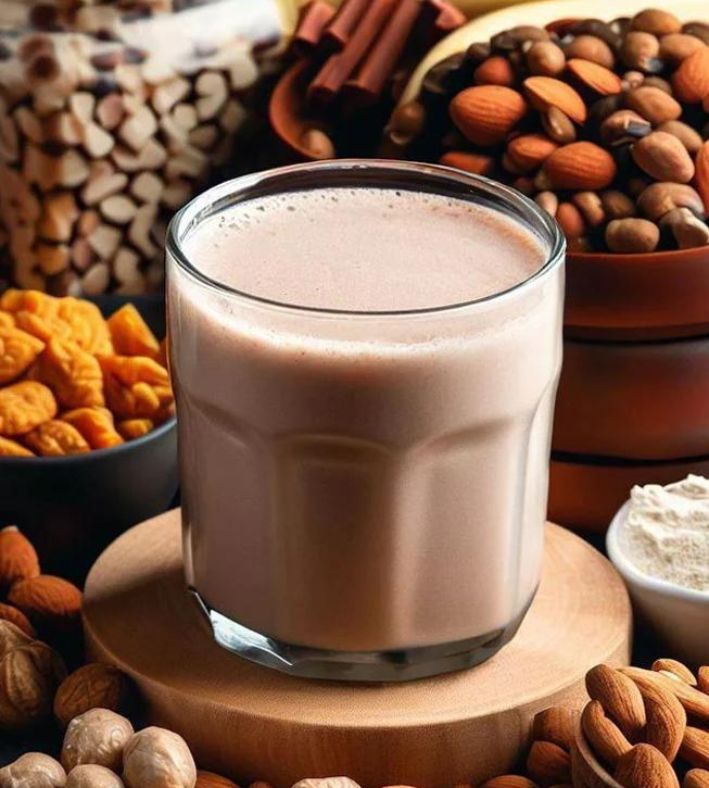 A vibrant smoothie shake in a glass, filled with fresh, healthy ingredients